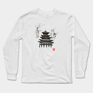 Japanese temple and trees landscape ink painting Long Sleeve T-Shirt